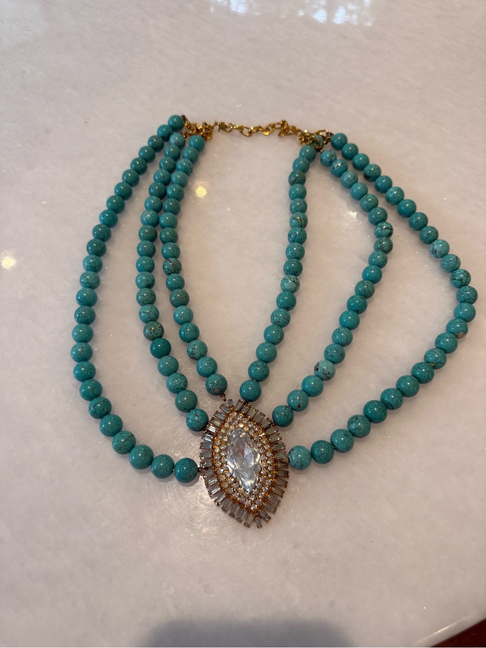 Turquoise Beaded Statement Necklace with Crystal Pendant